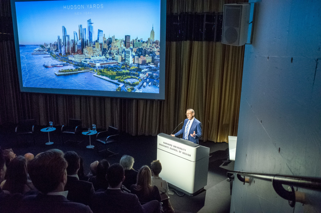 Nov. 2, 2016 -- Stephen Ross, chairman of Related Companies, speaks about the Hudson Yards development project in Piper Auditorium, Gund Hall, 48 Quincy Street, Cambridge, on Wednesday, November 2, 2016. The renewal of the Hudson Yards district, a project jointly planned, funded, and constructed by the New York City and State governments and the Metropolitan Transportation Authority, concerns a section of Manhattan between Penn Station and the Hudson River. 