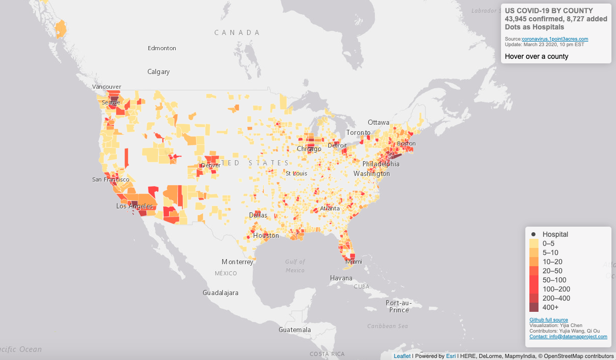 Map of US showing COVID-19 cases as of March 24 2020