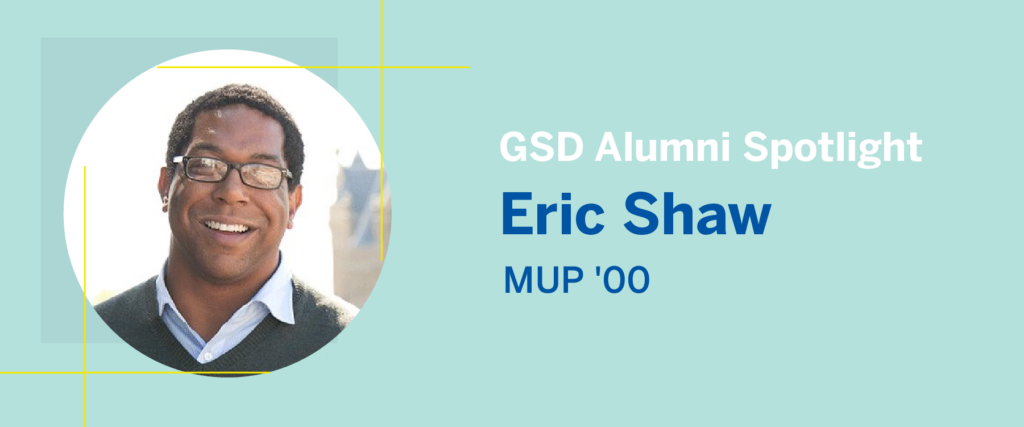 headshot of GSD alum Eric Shaw MUP '00 on a teal background