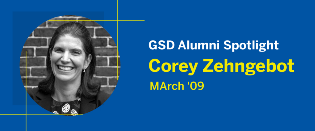 header image for Corey Zehgebot MArch '09 with headshot on blue background