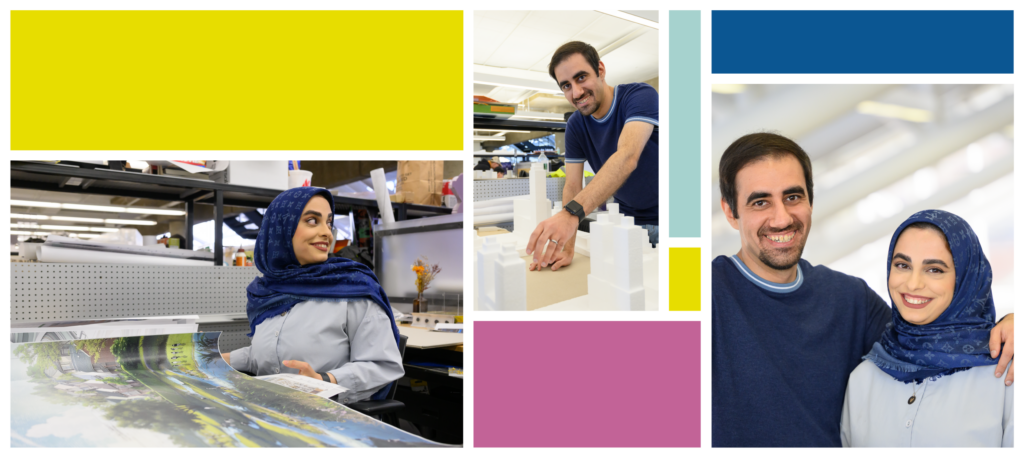 header image with array of brightly colored blocks and images of Zeinab and Mojtaba