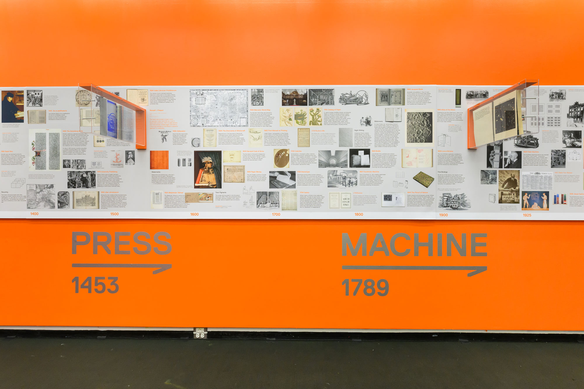 Image of exhibition on bookmaking showing press and machine publications