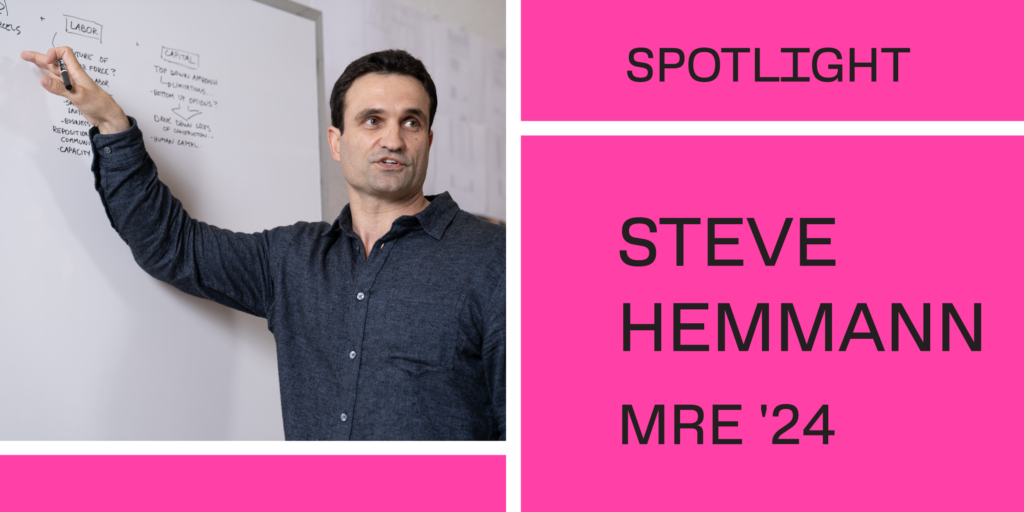 collage graphic with pink squares and image of Steve Hemmann MRE '24 presenting and working