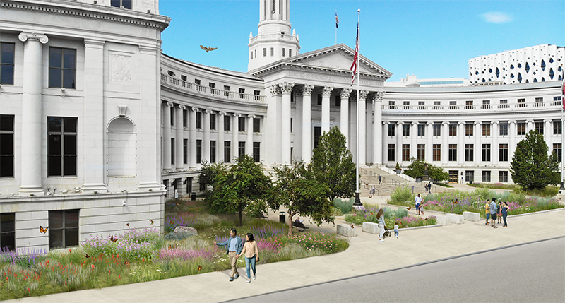 Rendering of the landscape project showing new plant life in front of Denver's City and County Building