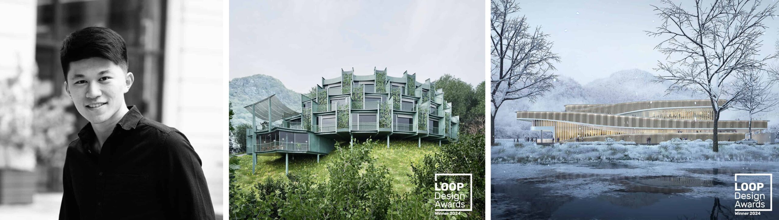 Xudon headshot in black and white on the left, photo of Green House and Anju Pulse Youth Center on the right