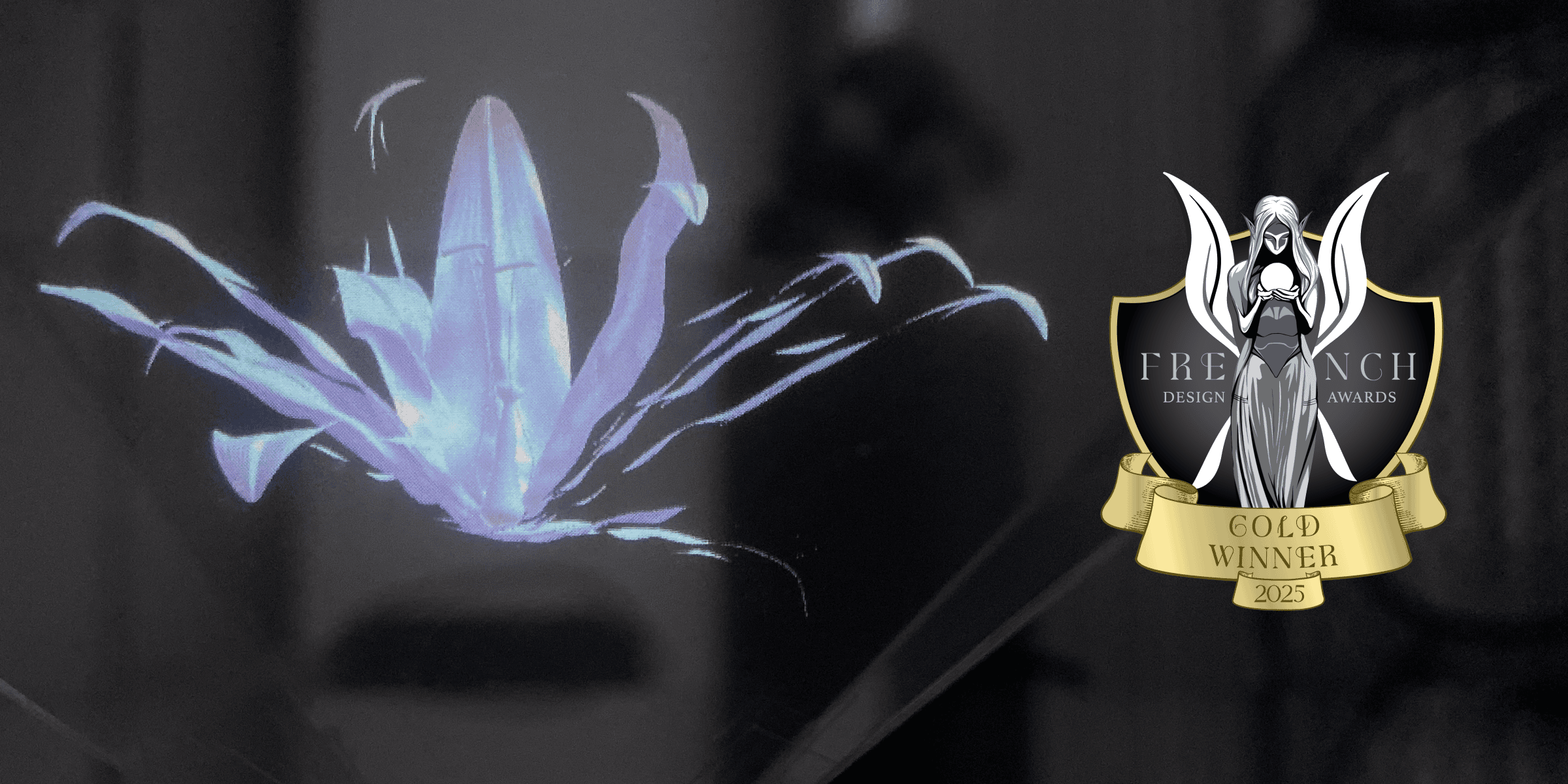 Holo Flower visualization shown next to 2025 French Design Award trophy