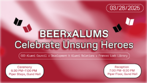 BeerxAlums Celebrate Unsung Heroes 2025 flyer featuring event details on crimson background