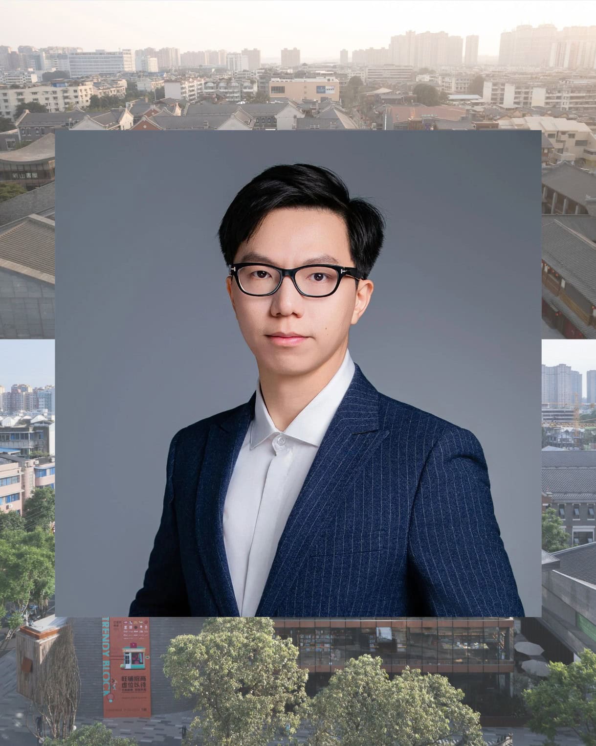 Dingliang Yang headshot with a cityscape in the background